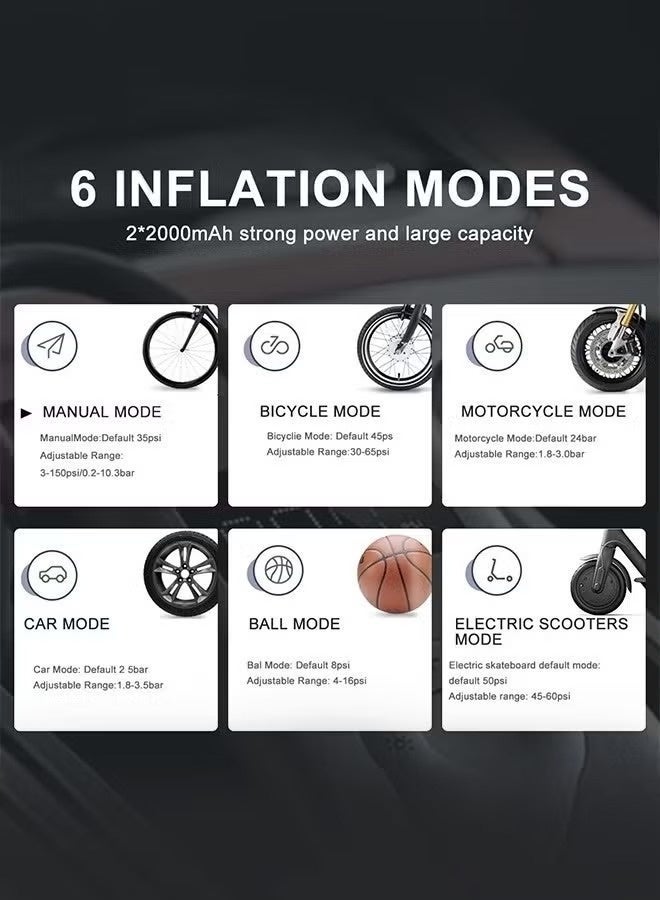 شاومي ضاغط هواء كهربائي محمول، مضخة هواء أوتوماتيكية ثنائية الأسطوانات، نفخ سريع بقوة 150 رطل لكل بوصة مربعة مع شاشة LCD مزدوجة للسيارات والدراجات الهوائية والنارية والكرات - أسود - Image 4